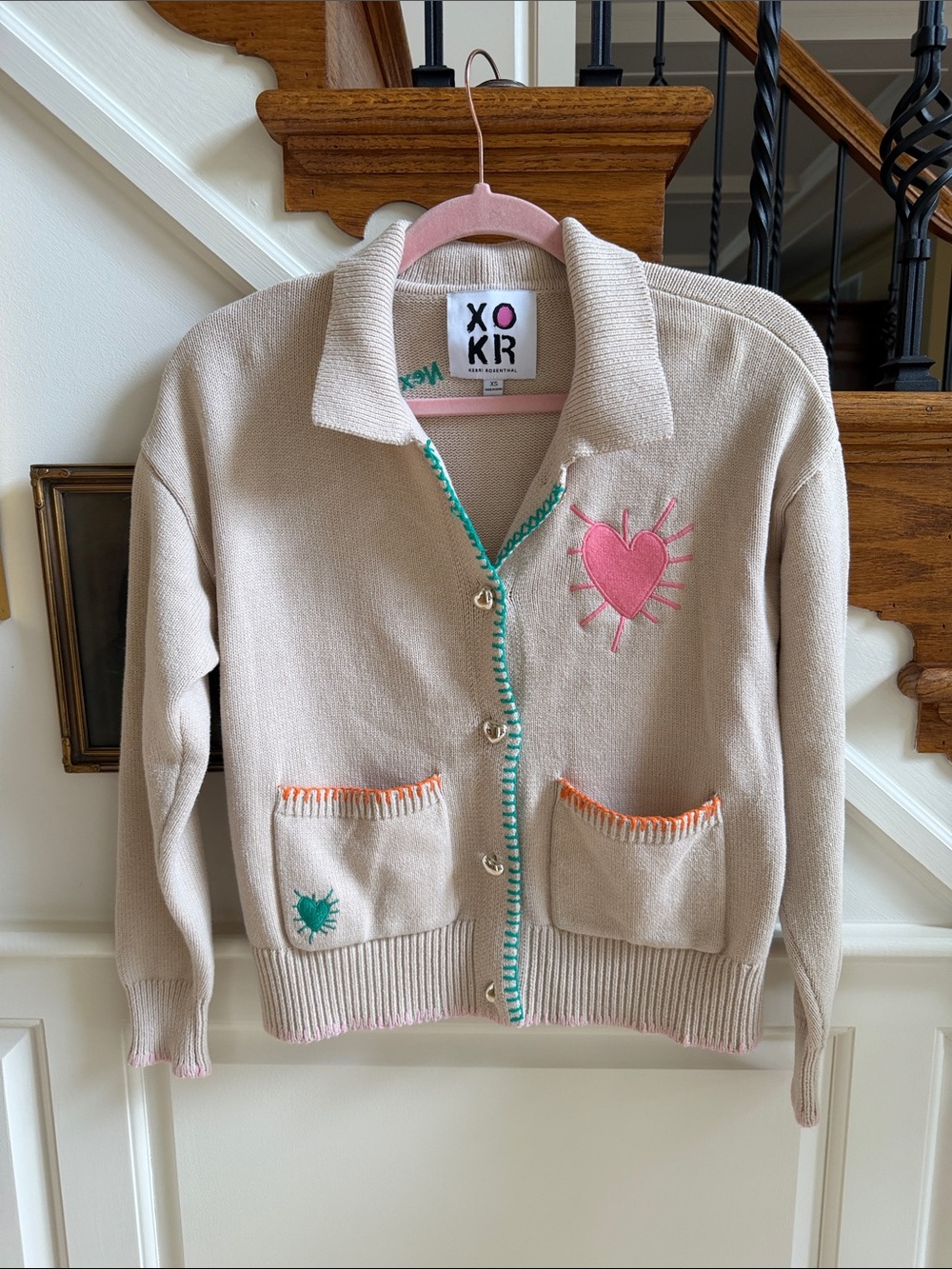 KERRI ROSENTHAL Knit Cardigan with Pink Heart Detail